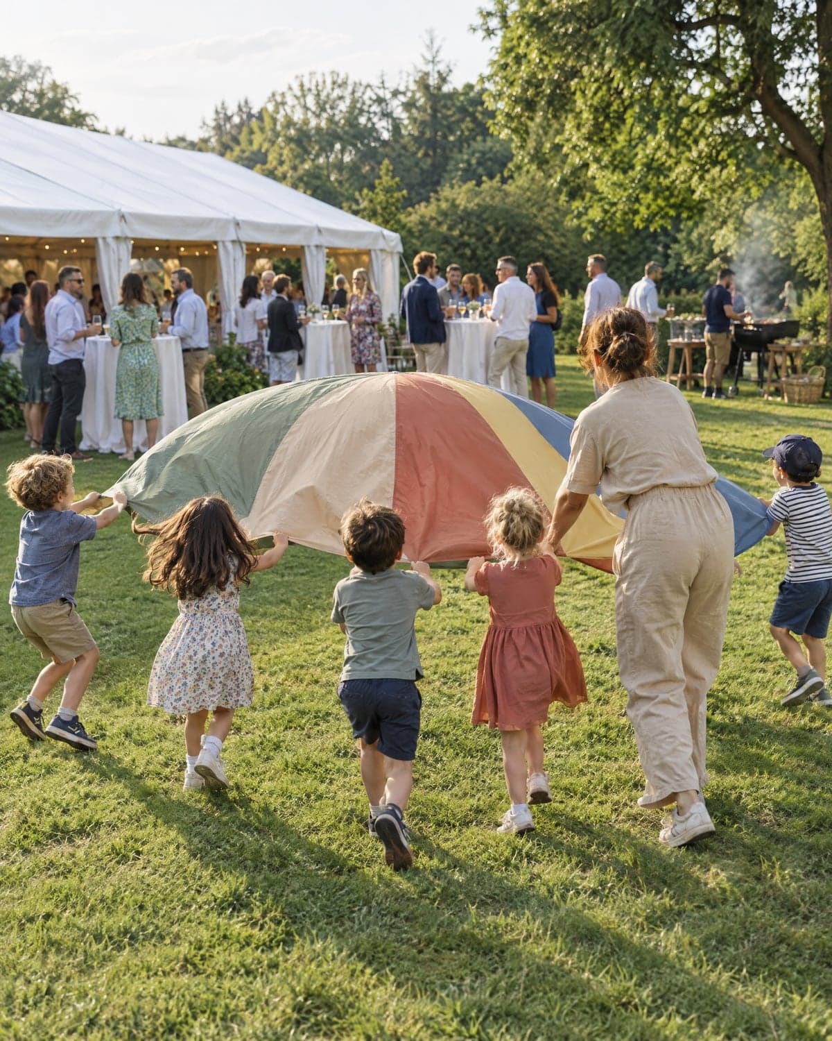 Kinder spielen mit einem bunten Schwungtuch auf der Wiese eines Firmen-Sommerfests